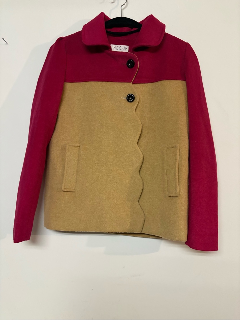 The Cue Two-Tone Pink and Tan Scallop-Front Pea Coat